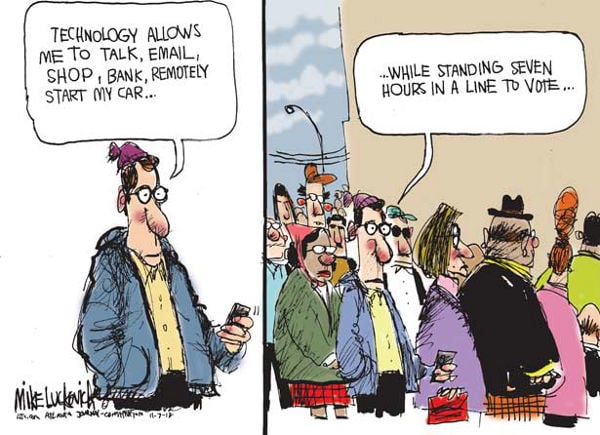 Cartoon - voters wait in lines